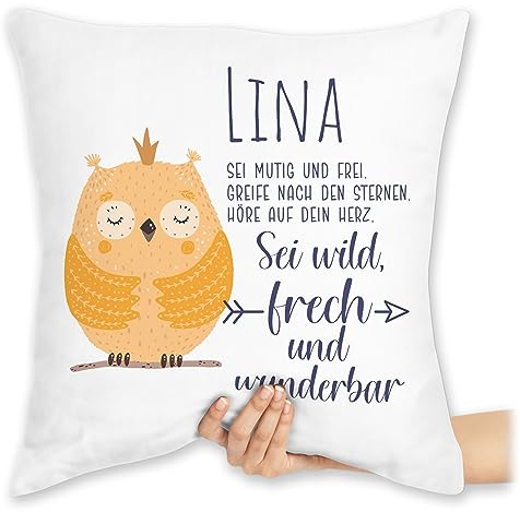 Kissen 40x40 Zierkissen - Eule Eulen Owl Geschenk zur Taufe Geburt Kommunion Konfirmation Jugendweihe - 40 x 40 cm - Weiß - Owls nachteule eulenmotiv nachteulen personalisierte und Name