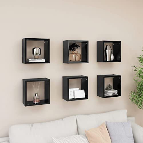 BIGBARLEY Wandregal, Wandschrank, Schlafzimmer, kreatives Bücherregal, stabil,Würfelregale 6 STK. Hochglanz-Schwarz 26x15x26 cm