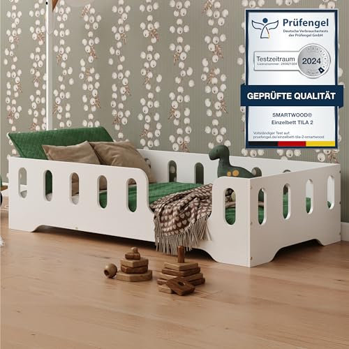 smartwood Bodenbett 80x160 Weiß - Montessori Kinderbett aus Holz mit FSC-Zertifikat TILA 2P mit Rausfallschutz & Lattenrost bis 230kg belastbar - Einfache Montage