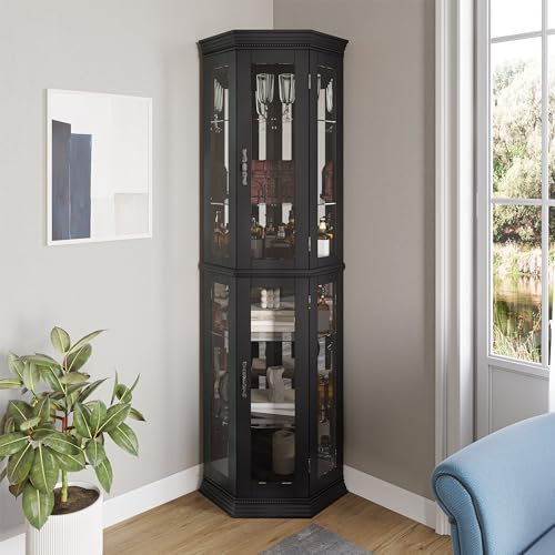 BELLEZE Beleuchteter 3-seitiger Glasvitrine mit Türen und Regalen aus gehärtetem Glas, Akzent-Eckschrank aus Holz mit Glühbirne, Eckaufbewahrung, Dekorationsregal für Wohnzimmer und Schlafzimmer,