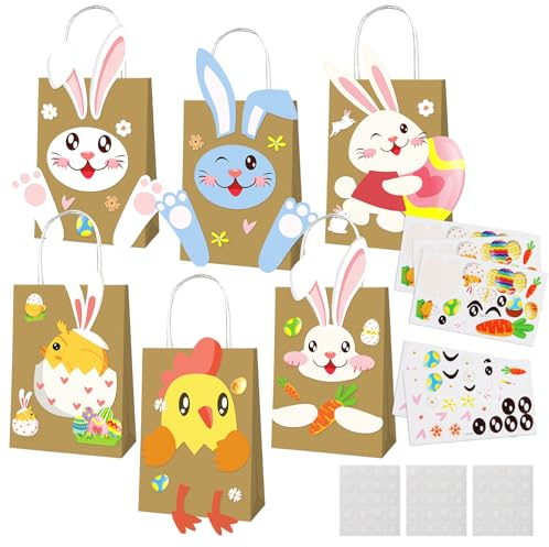 badaren 12er Pack Geschenktüten Zu Ostern, Ostertüten, Ostertaschen mit 56 DIY-Karten und 6 Aufklebern und 3 Punktklebebögen, DIY Süßigkeitentüten, Kleine Mitgebsel, für Osterparty