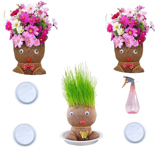 Use cabeza de hierba para hacer crecer el cabello, maceta con cabeza de muñeca, planta verde de escritorio, mini maceta de bonsái con bandeja, planta en maceta para niños (regadera), decoraciones de p