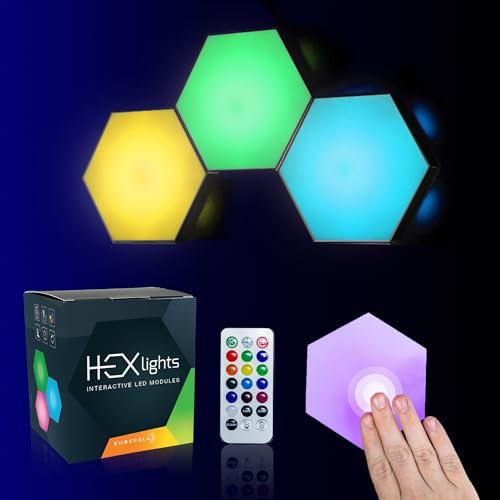 HEXlights 3-Pack Hexagon Lights, Touch & Remote Controlled RGB Wall Panels, Hexagon LED Lights Panels - Great for Living Room, Bedroom & Game Room Decor - Includes Table Stand