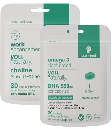 Choline & DHA Omega-3 Brain Supplements | 500mg Algae Oil Omega-3 DHA Supplements + 500mg Alpha GPC Choline | for Brain & Eye Health | 1-Month Supply| Brain Booster Supplement