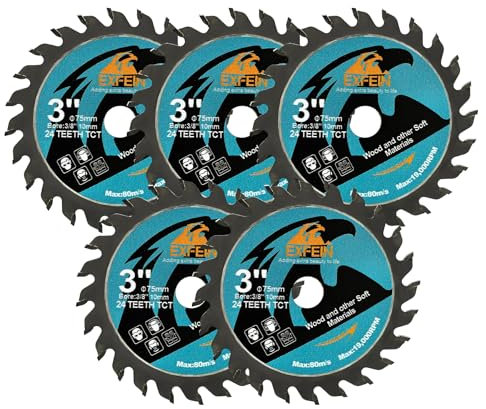 EXFEIN 75mm Holz-Trennscheibe 5 Stück - 24T TCT Hartmetall bestückte Zähne Kompaktes Kreissägeblatt, Allzweck für Schneiden in Holz Kunststoff und Verbundwerkstoffen