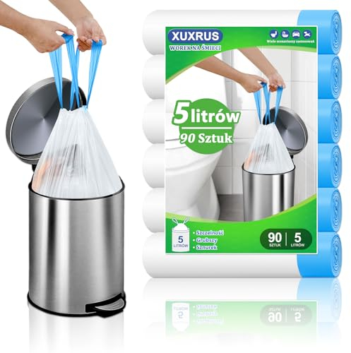 XUXRUS Müllbeutel 5L mit Zugband 90 Stück Weiße Müllsäcke Kleine Mülltüten Geeignet für 3-6L Kleiner Abfalleimer