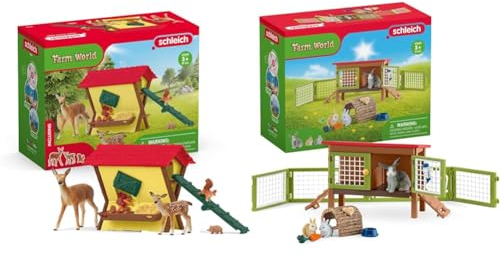 SCHLEICH 42658 Fütterung der Waldtiere, ab 3 Jahren, Farm World - Spielset, 39 Teile & 42420 Farm World Kaninchenstall, 16 Teile Spielset mit 3 Kaninchen Tierfiguren