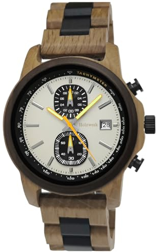 Holzwerk Germany Handgefertigte Designer Herren-Uhr Öko Natur Holz-Uhr Chronograph Armband-Uhr Analog Quarz-Uhr Buche Schwarz Datum Holz