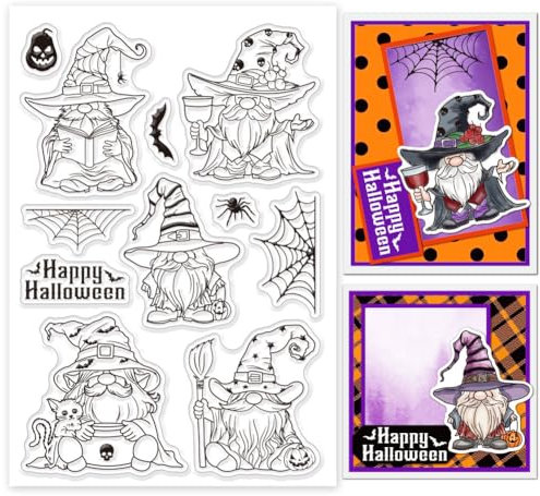 GLOBLELAND Halloween Gnom Hexe Transparente Stempel für Scrapbooking Spinnennetz Klare Stamps „Happy Halloween“ Silikonstempel Für Kartengestaltung DIY Prägung Journaling
