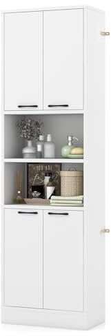 TANGZON 190CM Tall Kitchen Cupboard, 4-Door Storage Cabinet with Enclosed Cabinets, Open Compartments & Anti-tipping Kits, Freestanding Wooden Tall Sideboard for Pantry Dining Living Room (White)