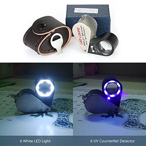 30X Schmucklupe Lupe LED 6 UV-Lichter mit Lederbox