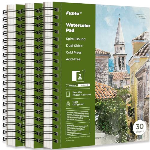 Funto Aquarellblock B5(25,4 x 17,8 cm), 3er-Pack, 90 Blatt, 140 lb/300 g/m², doppelseitiges Kaltpresspapier, Spiralbindung, schweres Papier für Aquarellmalerei