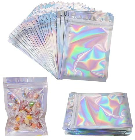 50Stks Mylar Beutel,10.4x15cm Geruchsdichte Holographische Folienbeutel | Kleine Wiederverschließbarer Mylar Bags,Aluminium Folie Druckverschlussbeutel mit Reißverschluss für Kaffeebohnen Süßigkeiten