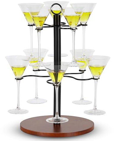 JUJOYBD Getränke Tower für 10 Gläser, 2-stufiger Servierbaum für Weingläser Aperolgläser und Cocktailgläser, Getränkehalter mit Holzsockel für Party Feiertag & Outdoor-Events