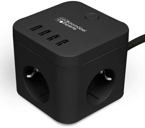 Steckdosenwürfel Mehrfachsteckdose schwarz 3 Steckdosen inklusiv 4X USB A Port mit beleuchteten EIN-/Ausschalter
