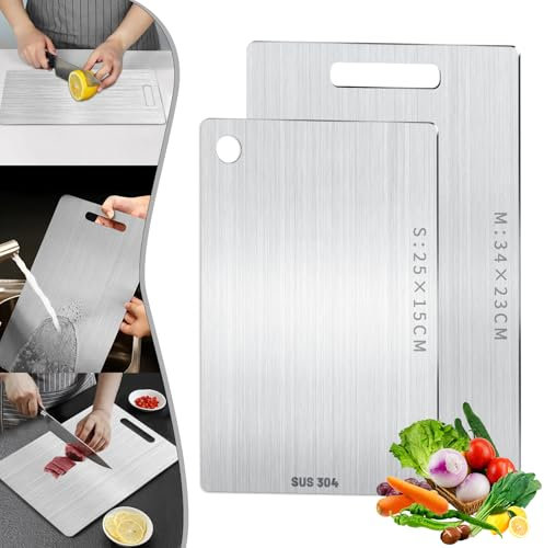 2 Pièces Planche à découper en titane,304 Planche À Découper En Acier Inoxydabl,planche à découper double face de qualité alimentaire,anti moisissure,Pour couper la viande,les légumes,les fruits