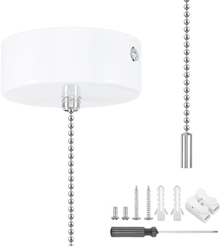 Interrupteur à tirette chromé pour salle de bain avec jeu de chaînes et outil de montage pour accessoires de salle de bain - Cylindre rond (blanc)