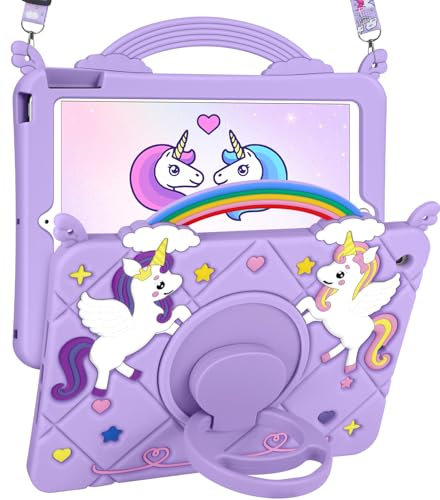SurgeCraft Coque pour iPad 9e/8e/7e génération 10,2 – Kawaii mignon pour iPad 9e/8e/7e génération, en silicone souple, motif licorne 3D, dessin animé, Funda Para, iPad 9/8/7 avec sangle et support