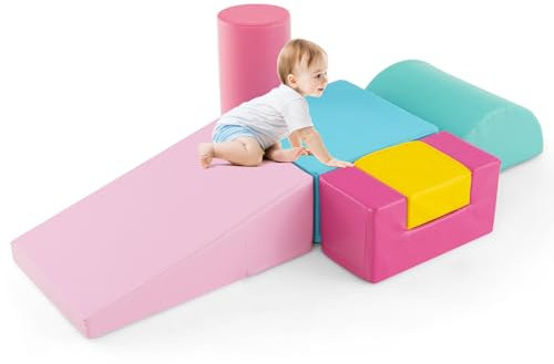 GOPLUS 6 TLG. Schaumstoffbausteine, Softbausteine zum Klettern & Rutschen, Riesenbausteine aus Kunstleder & Schaumstoff, Großbausteine Softbausteine für Baby Kleinkinder (Pink)