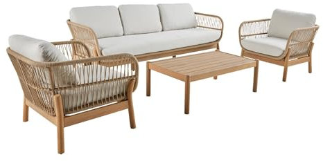 sweeek - Salon de Jardin Ipanema en Acacia avec de la Corde. 5 Places. Coussins Beiges en oléfine. Table rectangulaire