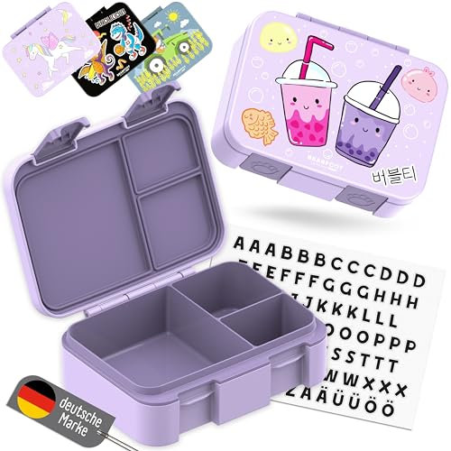BEARFOOT Bento Box COMPACT | BPA-freie Kinder Brotdose für Schule & Kindergarten | Auslaufsichere Lunchbox für Mädchen & Jungen | Praktisch, leicht & kompakt (BubbleTea-lila, 650ml)