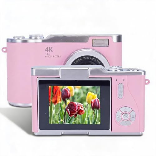 Digitalkamera, 1080P 48MP HD Flip Screen Micro Single Vlog Kamera mit 8X Zoom, Kompakte Kleine Kamera für Jungen Mädchen Kinder (PINK)