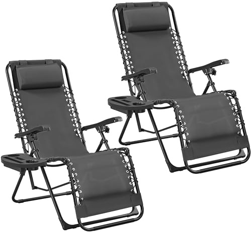 Soberine Set di 2 Sdraio da Giardino a gravità Zero Sedie Pieghevoli con Portabicchieri e Poggiatesta Design Ergonomico per Cortile Piscina Spiaggia Grigio