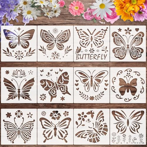 OOTSR 12 Pcs Pochoirs de Papillon de Peinture Réutilisables, 10x10cm Modèle de Pochoir pour DIY Bois Meubles Mur Maison Décor