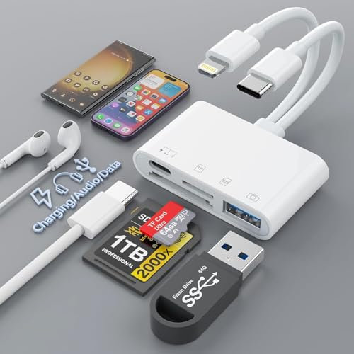 4-in-2-SD-Kartenleser für iPhone/iPad [MFi-zertifiziert], USB C/Lightning auf SD-Kartenadapter mit SD TF Typ-C USB 4 Steckplätzen, Kamera-Speicherkartenleser für iPhone16, 15, 14, 13/iPad/Android