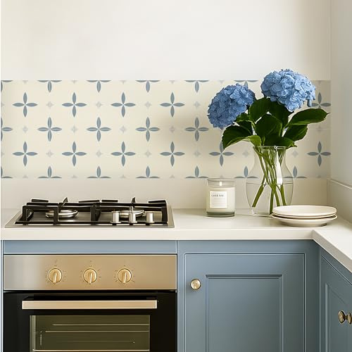 Alwayspon Tile Sticker, 15cm/6inch Blue Floral Self Adhesive Stick on Tiles Transfer Sticker for Bathroom Kitchen, Splashback, Peel and Stick Vinyl Floor Wall Tiles Sticker