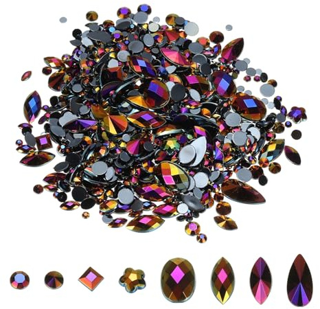 PATIKIL Mixed 500Pcs AB Colorful Crystal Rhinestones, Gems Rhinestones Flatback Acrylic Gemstone Jewel Assorted Shapes for Nail DIY Craft Party Decorations - (Black AB)
