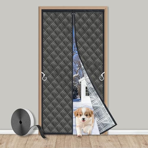 Magnetic Thermal Insulated Door Curtain38“*83” 3 Layers Aluminum Foil/Cotton/Fleece Thermal Reflective Blanket for Winter/Front/Back Doors, Keep Cold Drafts Out, Black