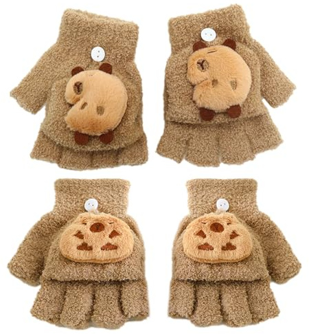 FOSDICK 2 Pares Guantes Sin Dedos para Niños, Guantes Dedos Descubierto Mitones Niño Fingerless Gloves Winter Termicos Flip Top, Lindo Capibara Manoplas Niño, Guantes Infantiles para 7 a 13 Años
