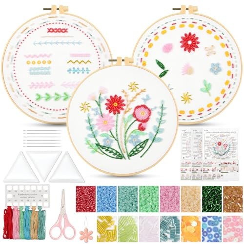 UXORSN Stickset für Anfänger 3 Set Perlenstickerei Sticken Set Erwachsene | Perlen Pflanzen Blumenmuster,Kreuzstich Kit mit Kunststoff Stickrahmen Anleitung und Werkzeuge DIY Kunst Weihnachten Handwerk