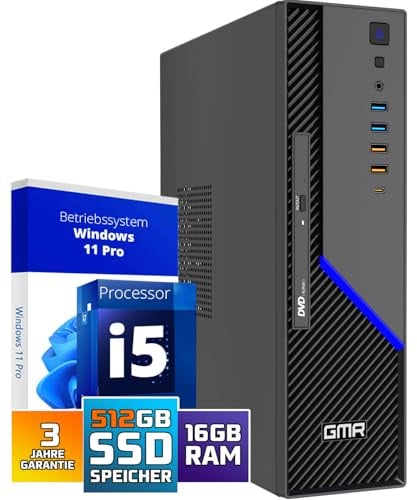 GMR Business PC mit Intel Core i5 | Büro Computer mit Windows 11 Pro | 16GB RAM | 512GB SSD | WLAN & Bluetooth | Leiser Desktop PC für Home Office | 3 Jahre Garantie