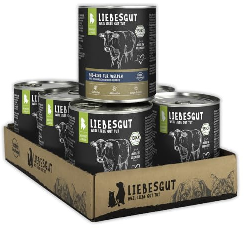 Liebesgut Bio Hundefutter Nass Bio-Rind mit Bio-Hirse und Bio-Kürbis, extra viel Fleisch, 6x800g, produziert in Bayern