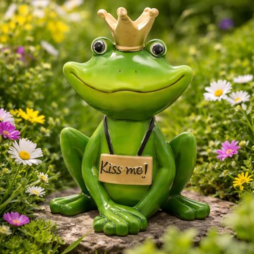 Jumbos Dekowelt Froschkönig Figur aus hochwertigem Polystone – Gartenfigur Frosch mit Krone „Kiss me“ – Wetterfeste Deko für Garten, Balkon & Wohnzimmer – Niedliche Tierfigur als Geschenkidee