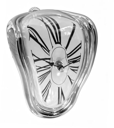 Relaxdays Tischuhr, Salvador Dali, für Tisch- & Regalkanten, Silber | gebogenes Design, batteriebetrieben, Regaluhr