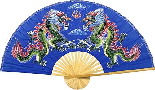 Dragons Faltbarer Wandfächer, handgemaltes chinesisches Dekor-Kunstwerk (101,6 cm breit, blaue Drachen)