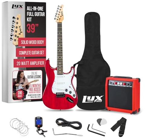 LyxPro Kit de guitarra eléctrica de 39 pulgadas con amplificador de 20 W, todos los accesorios, afinador digital de clip, seis cuerdas, dos púas, barra de trémolo, correa de hombro, kit de iniciación