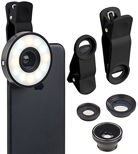 Somikon Vorsatzlinse: 4in1-Vorsatz-Linsen-Set mit Weitwinkel, Makro, Fischauge und LED-Ring (LED Clip, Ringlicht, iPad Halterung)