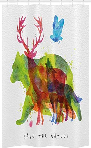 ABAKUHAUS Tier Schmaler Duschvorhang, Alaska Tiere Bär Wolf, Badezimmer Deko Set aus Stoff mit Haken, 120 x 180 cm, Olivengrün Orange