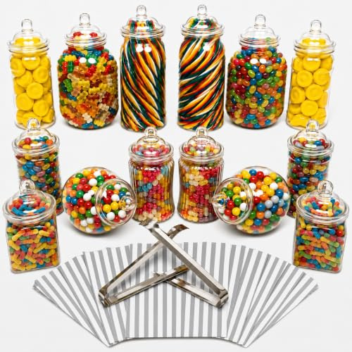 Truly Sweet Candy 14 Plastic Sweet Jars, 7 Styles, 2 Tongs and 50 Bags. Ideal for Party, Wedding, Sweet Table, Candy Buffet (Silver Grey Candy Stripe Bags)