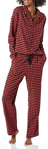 Amazon Essentials Ensemble Pantalon de Pyjama et Chemise en Flanelle à Manches Longues boutonnés sur Le Devant Femme, Noir Rouge Carreaux Lainés Mini, XXL