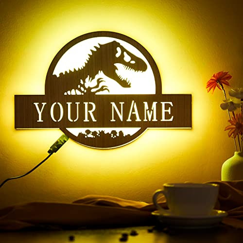 Personalised Wooden Dinosaur LED Lamp with Name Decor Night Light with 16 Colors Remote Control Customised Natural Wall Sconce Acrylic Engraved Wooden Wall Lamp for Kids Room - Best Gift for Boys Men