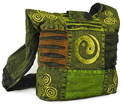 Kanchan Crafts Nepal Umhängetasche Schultertasche Seitentasche Damen Patchwork Yin Yang Triskele Symbole bestickt Baumwolle Handytasche Frauen Handmade