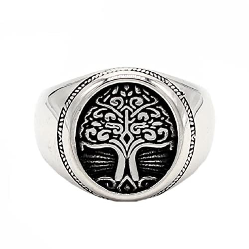 PAURO Homme 316l Acier Inoxydable Bague Chevalière Ronde Arbre de Vie Rétro Argent Noir Taille 57