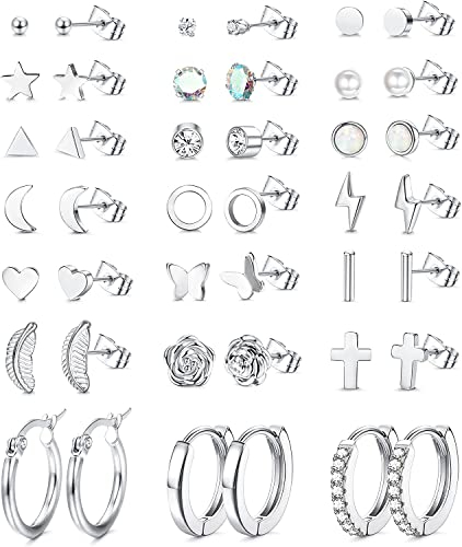 MILACOLATO 21 Paar Ohrstecker Ohrringe Silber Set für Damen Ohrring Helix Knorpe Piercings 316L Edelstahl 20G Ohr Tragus Helix Tiny Mond Opal Creolen Stern Herz Scheibe CZ Ohrstecker Piercing Schmuck