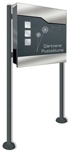 Briefkasten in anthrazit incl. Standfuß und Beschriftung - aus pulverbeschichtetem Stahl mit Zeitungsrolle und Sichtfeldern