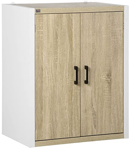 HOMCOM Mobiletto Multiuso per Ingresso e Soggiorno, Armadietto 2 Ante con Mensola Regolabile in MDF, 62x40x77cm, Bianco e Legno